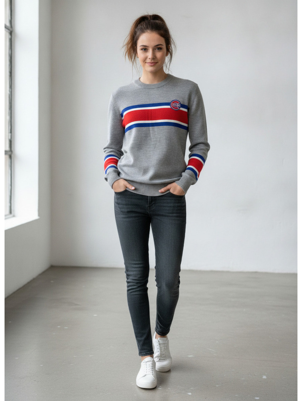 Etre Cecile Womens 100% Merino Wool Sweater Gray Red Blue Stripe Size L Knit